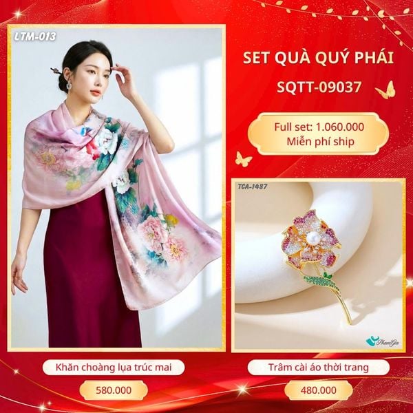 Set Quà Tặng Khăn Choàng Tằm Hoa 3D Cao Cấp Và Trâm Cài Áo Quý Phái (SQTT09037)