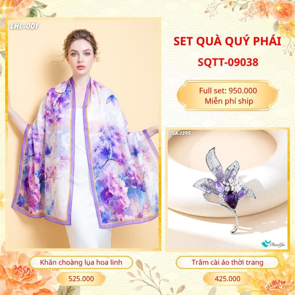 Set Quà Tặng Khăn Choàng Lụa Hoa Linh Cao Cấp Và Trâm Cài Áo Quý Phái (SQTT09038)