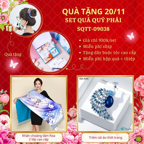 Set Quà Tặng Khăn Choàng Tằm Hoa 2 Lớp Và Ghim Cài Áo Quý Phái (SQTT09038)