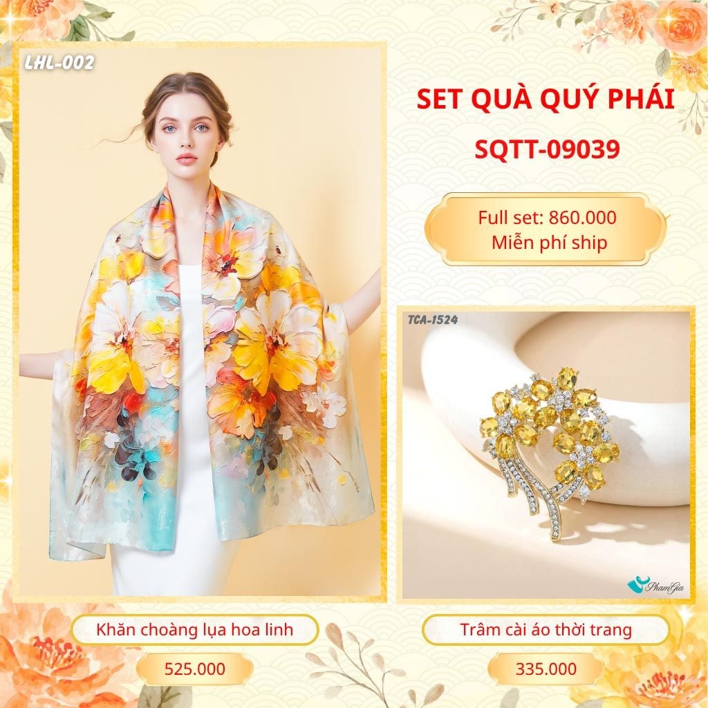 Set Quà Tặng Khăn Choàng Lụa Hoa Linh Cao Cấp Và Trâm Cài Áo Quý Phái (SQTT09039)