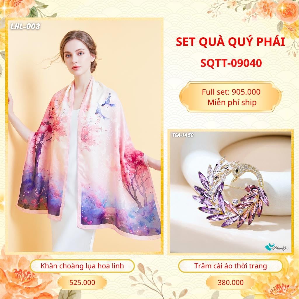 Set Quà Tặng Khăn Choàng Lụa Hoa Linh Cao Cấp Và Trâm Cài Áo Quý Phái (SQTT09040)