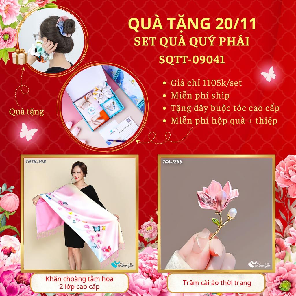 Set Quà Tặng Khăn Choàng Tằm Hoa 2 Lớp Và Ghim Cài Áo Quý Phái (SQTT09041)