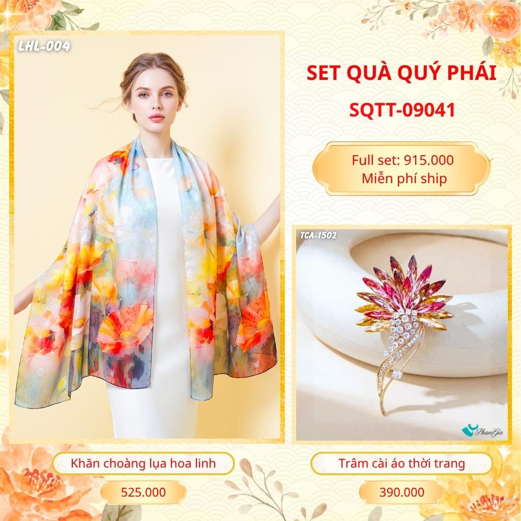 Set Quà Tặng Khăn Choàng Lụa Hoa Linh Cao Cấp Và Trâm Cài Áo Quý Phái (SQTT09041)