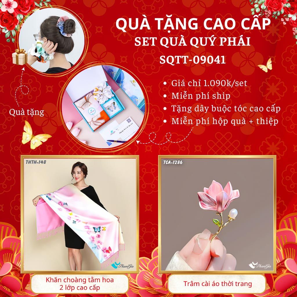 Quà Tặng Cao Cấp - Set Quà Tặng Khăn Choàng Tằm Hoa 2 Lớp Và Ghim Cài Áo Quý Phái (SQTT09041)