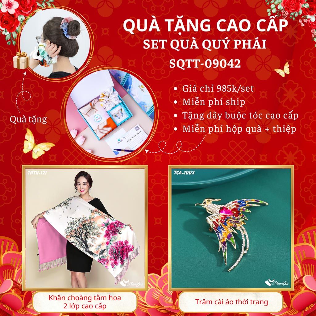 Quà Tặng Cao Cấp - Set Quà Tặng Khăn Choàng Tằm Hoa 2 Lớp Và Ghim Cài Áo Quý Phái (SQTT09042)