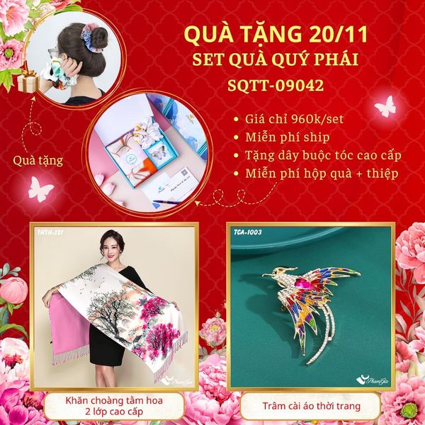 Set Quà Tặng Khăn Choàng Tằm Hoa 2 Lớp Và Ghim Cài Áo Quý Phái (SQTT09042)