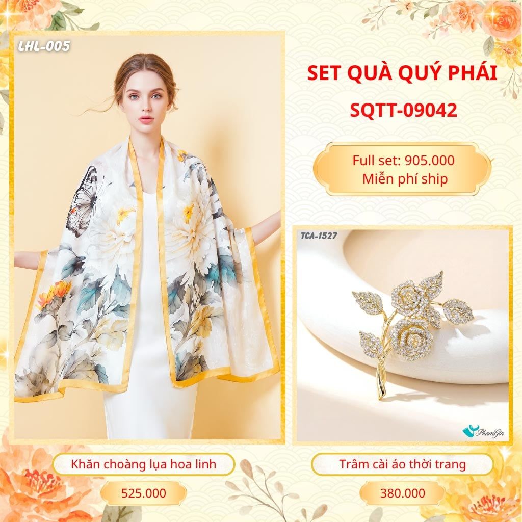 Set Quà Tặng Khăn Choàng Lụa Hoa Linh Cao Cấp Và Trâm Cài Áo Quý Phái (SQTT09042)