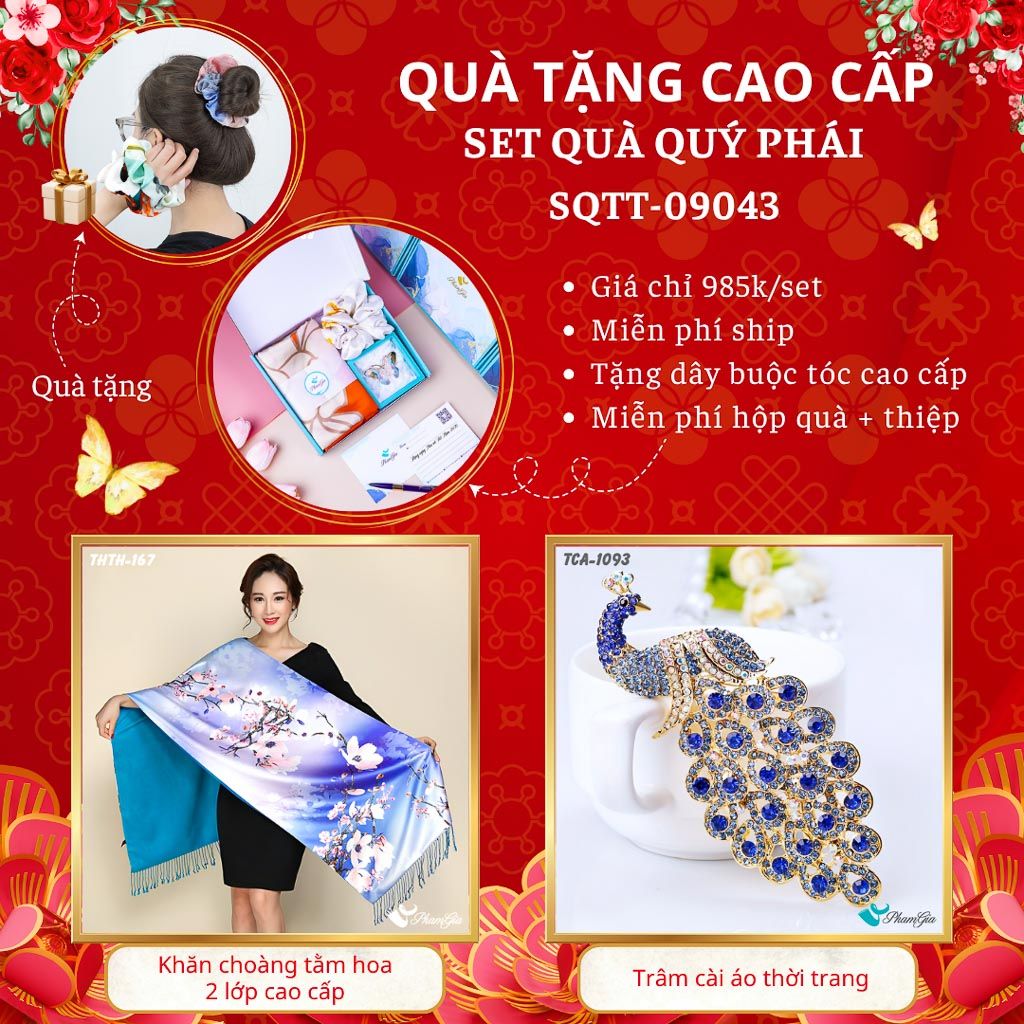 Quà Tặng Cao Cấp - Set Quà Tặng Khăn Choàng Tằm Hoa 2 Lớp Và Ghim Cài Áo Quý Phái (SQTT09043)