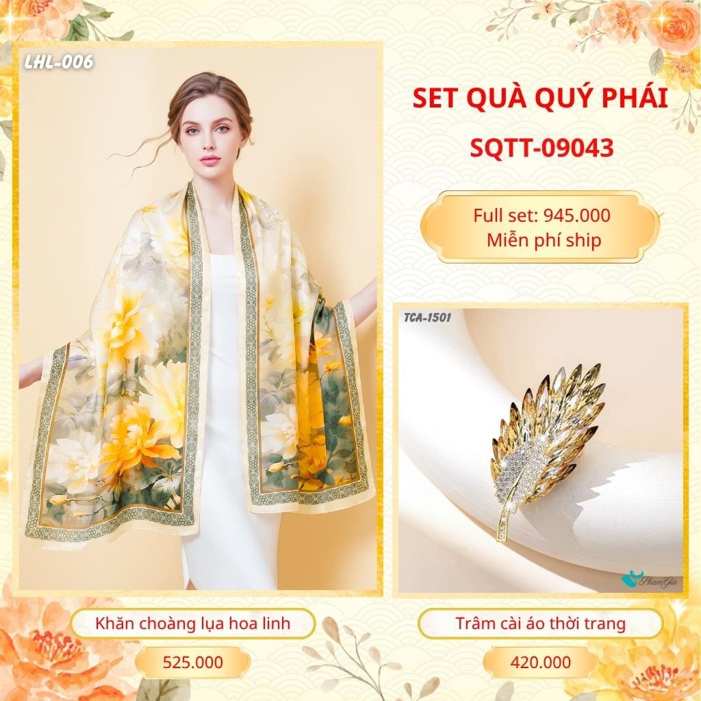 Set Quà Tặng Khăn Choàng Lụa Hoa Linh Cao Cấp Và Trâm Cài Áo Quý Phái (SQTT09043)