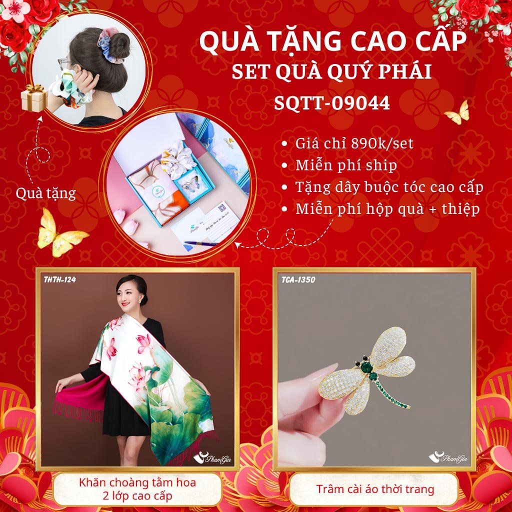 Quà Tặng Cao Cấp - Set Quà Tặng Khăn Choàng Tằm Hoa 2 Lớp Và Ghim Cài Áo Quý Phái (SQTT09044)