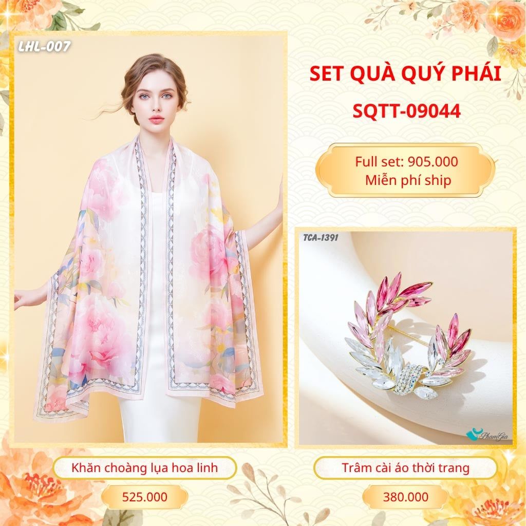 Set Quà Tặng Khăn Choàng Lụa Hoa Linh Cao Cấp Và Trâm Cài Áo Quý Phái (SQTT09044)