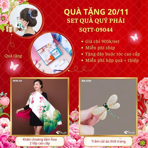 Set Quà Tặng Khăn Choàng Tằm Hoa 2 Lớp Và Ghim Cài Áo Quý Phái (SQTT09044)