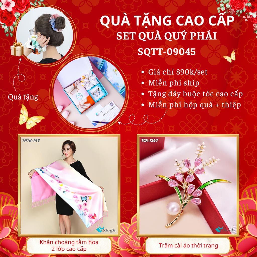 Quà Tặng Cao Cấp - Set Quà Tặng Khăn Choàng Tằm Hoa 2 Lớp Và Ghim Cài Áo Quý Phái (SQTT09045)