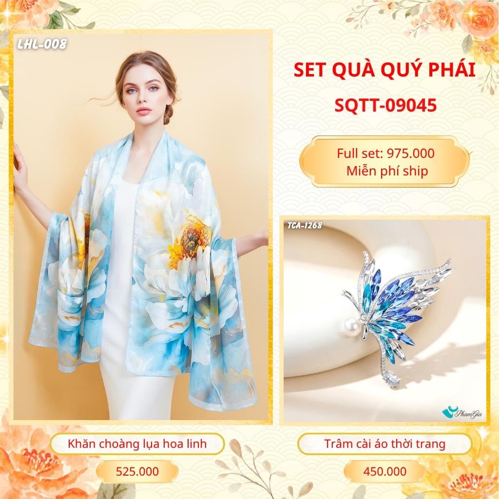 Set Quà Tặng Khăn Choàng Lụa Hoa Linh Cao Cấp Và Trâm Cài Áo Quý Phái (SQTT09045)