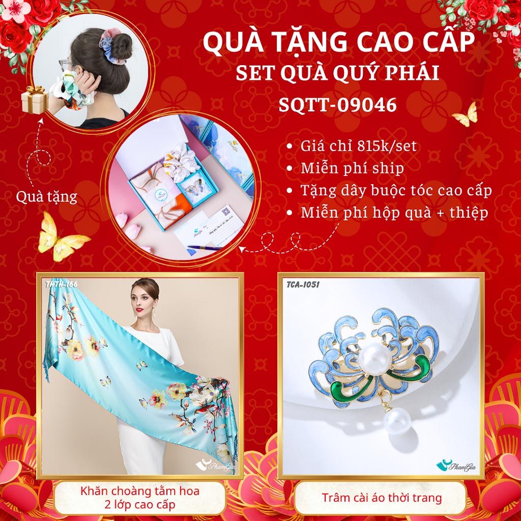 Quà Tặng Cao Cấp - Set Quà Tặng Khăn Choàng Tằm Hoa 2 Lớp Và Ghim Cài Áo Quý Phái (SQTT09046)