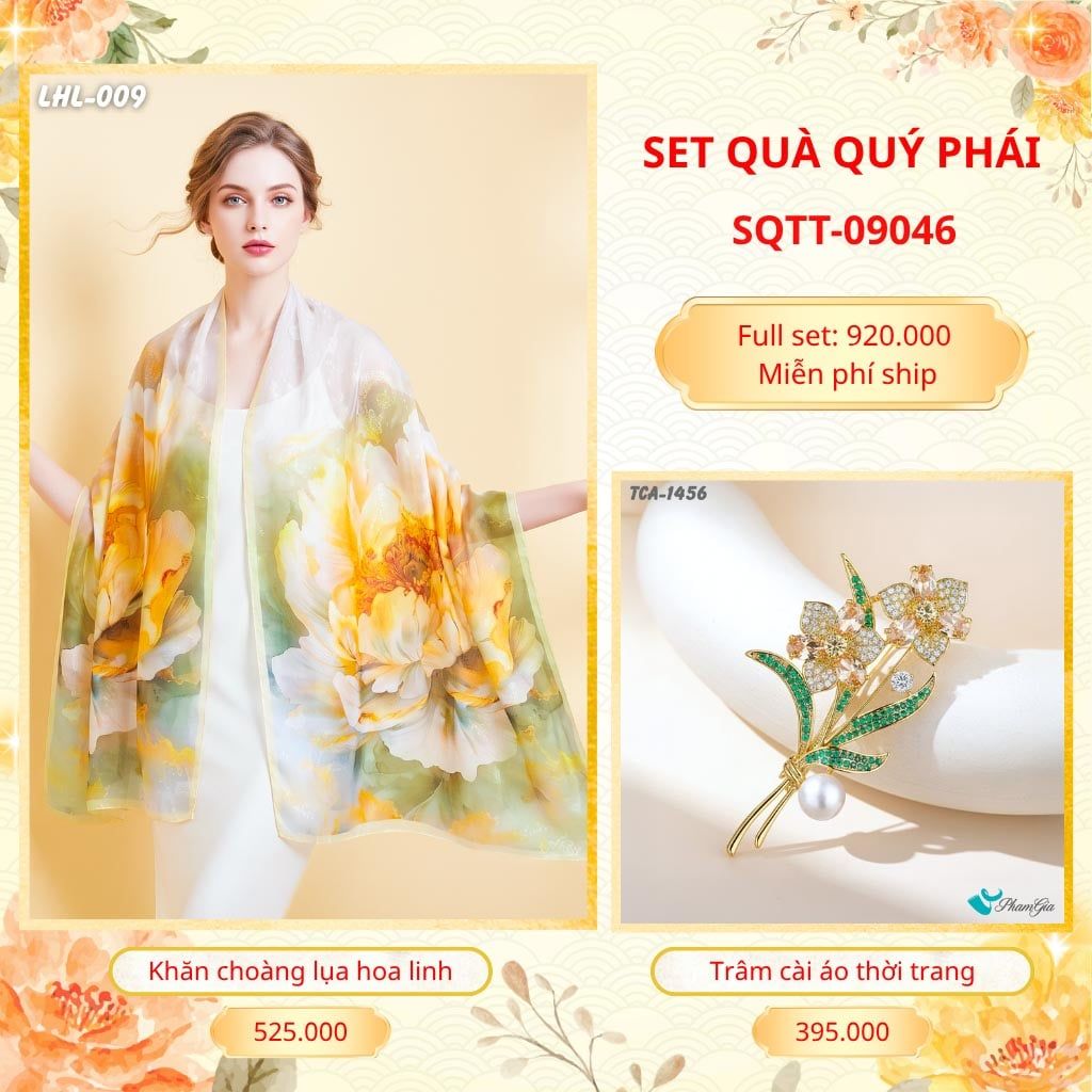 Set Quà Tặng Khăn Choàng Lụa Hoa Linh Cao Cấp Và Trâm Cài Áo Quý Phái (SQTT09046)