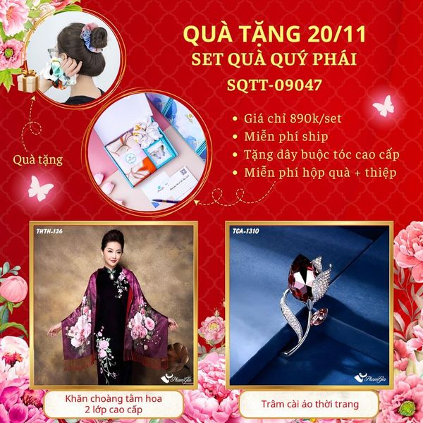 Set Quà Tặng Khăn Choàng Tằm Hoa 2 Lớp Và Ghim Cài Áo Quý Phái (SQTT09047)