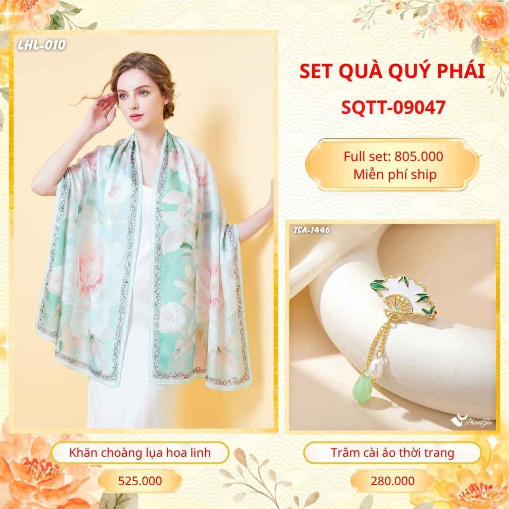 Set Quà Tặng Khăn Choàng Lụa Hoa Linh Cao Cấp Và Trâm Cài Áo Quý Phái (SQTT09047)