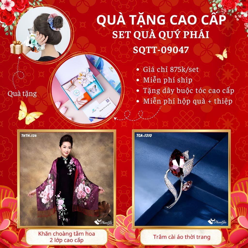 Quà Tặng Cao Cấp - Set Quà Tặng Khăn Choàng Tằm Hoa 2 Lớp Và Ghim Cài Áo Quý Phái (SQTT09047)
