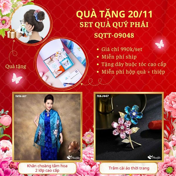 Set Quà Tặng Khăn Choàng Tằm Hoa 2 Lớp Và Ghim Cài Áo Quý Phái (SQTT09048)