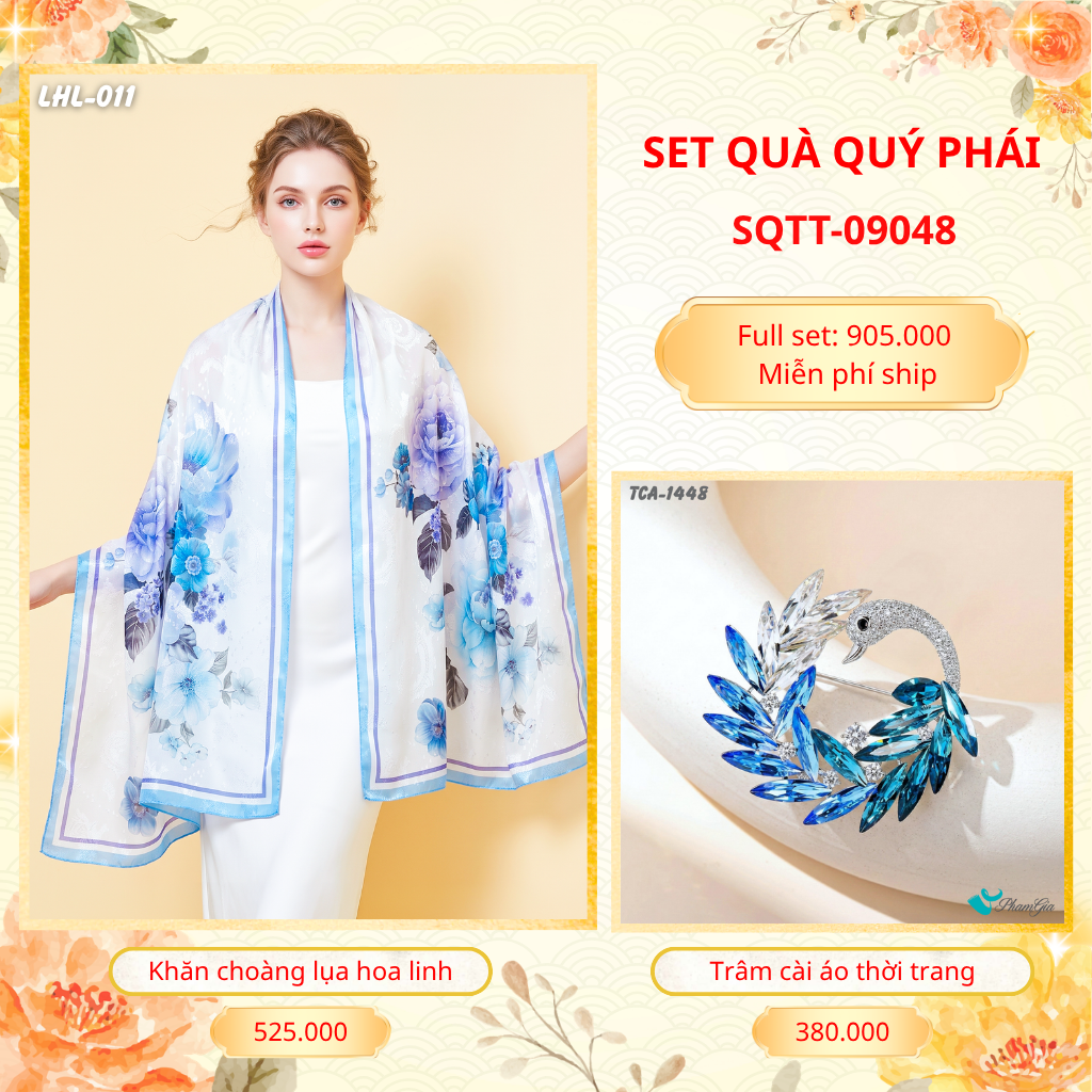 Set Quà Tặng Khăn Choàng Lụa Hoa Linh Cao Cấp Và Trâm Cài Áo Quý Phái (SQTT09048)