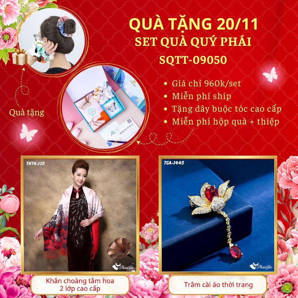 Set Quà Tặng Khăn Choàng Tằm Hoa 2 Lớp Và Ghim Cài Áo Quý Phái (SQTT09050)