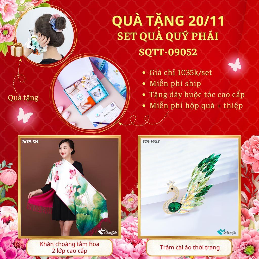 Set Quà Tặng Khăn Choàng Tằm Hoa 2 Lớp Và Ghim Cài Áo Quý Phái (SQTT09052)