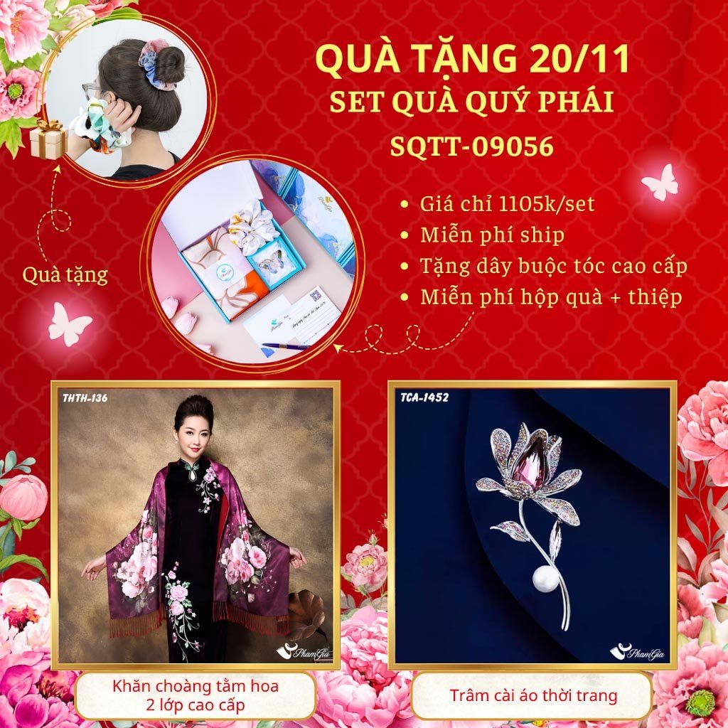 Set Quà Tặng Khăn Choàng Tằm Hoa 2 Lớp Và Ghim Cài Áo Quý Phái (SQTT09056)