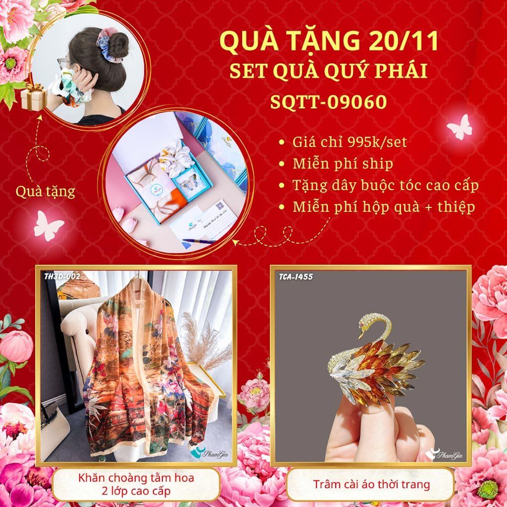 Set Quà Tặng Khăn Choàng Tằm Hoa 3D Và Ghim Cài Áo Quý Phái (SQTT09060)