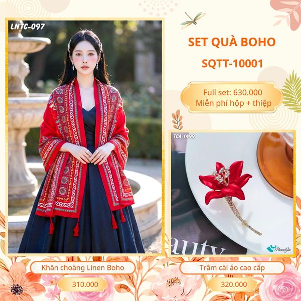 Set Quà Tặng Khăn Choàng Choàng Linen Và Trâm Cài Áo Boho (SQTT10001)