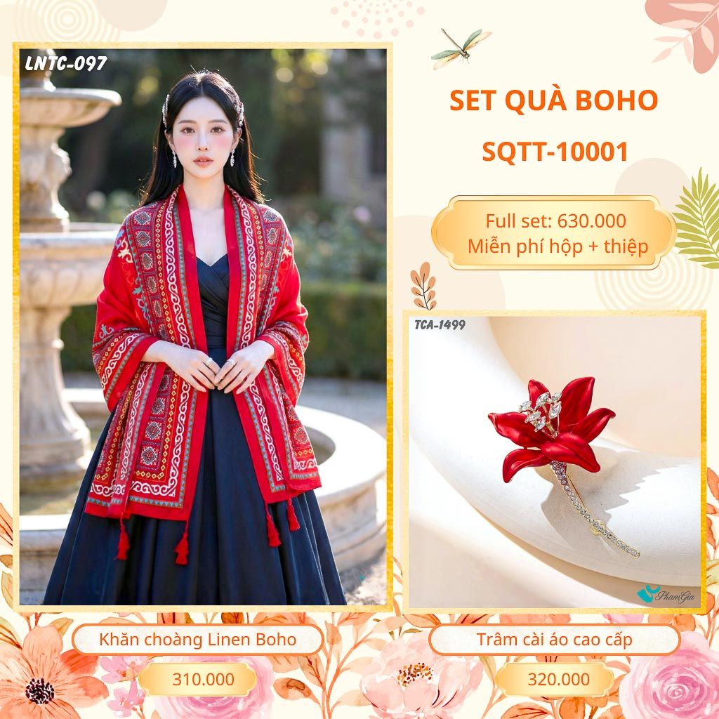Set Quà Tặng Khăn Choàng Choàng Linen Và Trâm Cài Áo Boho (SQTT10001)