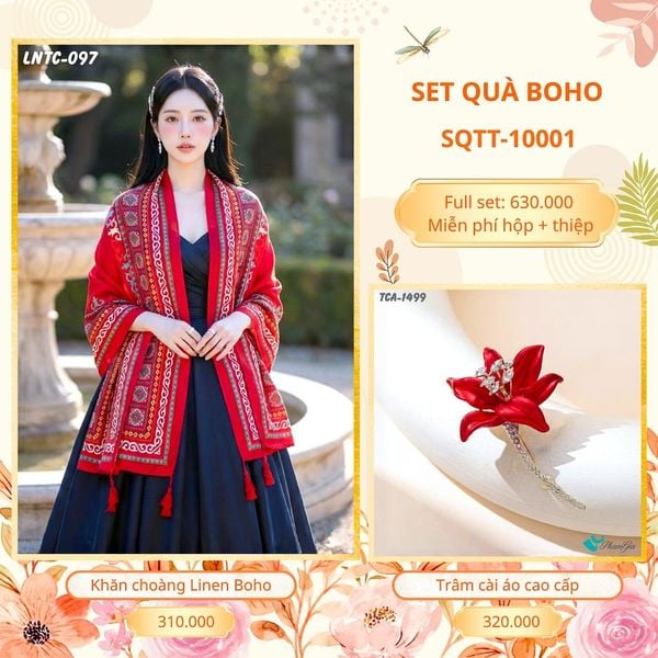 Set Quà Tặng Khăn Choàng Choàng Linen Và Trâm Cài Áo Boho (SQTT10001)