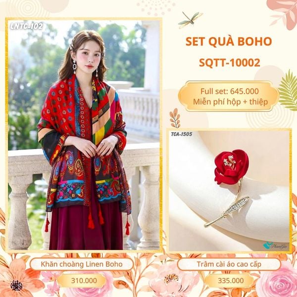 Set Quà Tặng Khăn Choàng Choàng Linen Và Trâm Cài Áo Boho (SQTT10002)