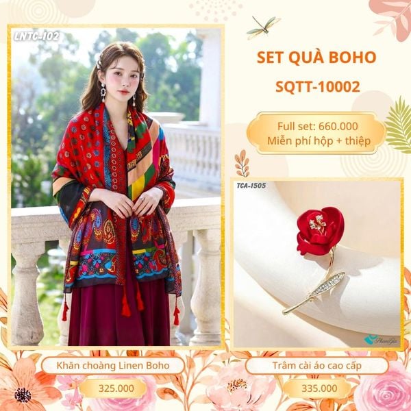 Set Quà Tặng Khăn Choàng Choàng Linen Và Trâm Cài Áo Boho (SQTT10002)
