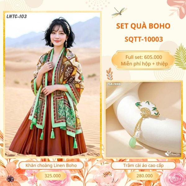 Set Quà Tặng Khăn Choàng Choàng Linen Và Trâm Cài Áo Boho (SQTT10003)