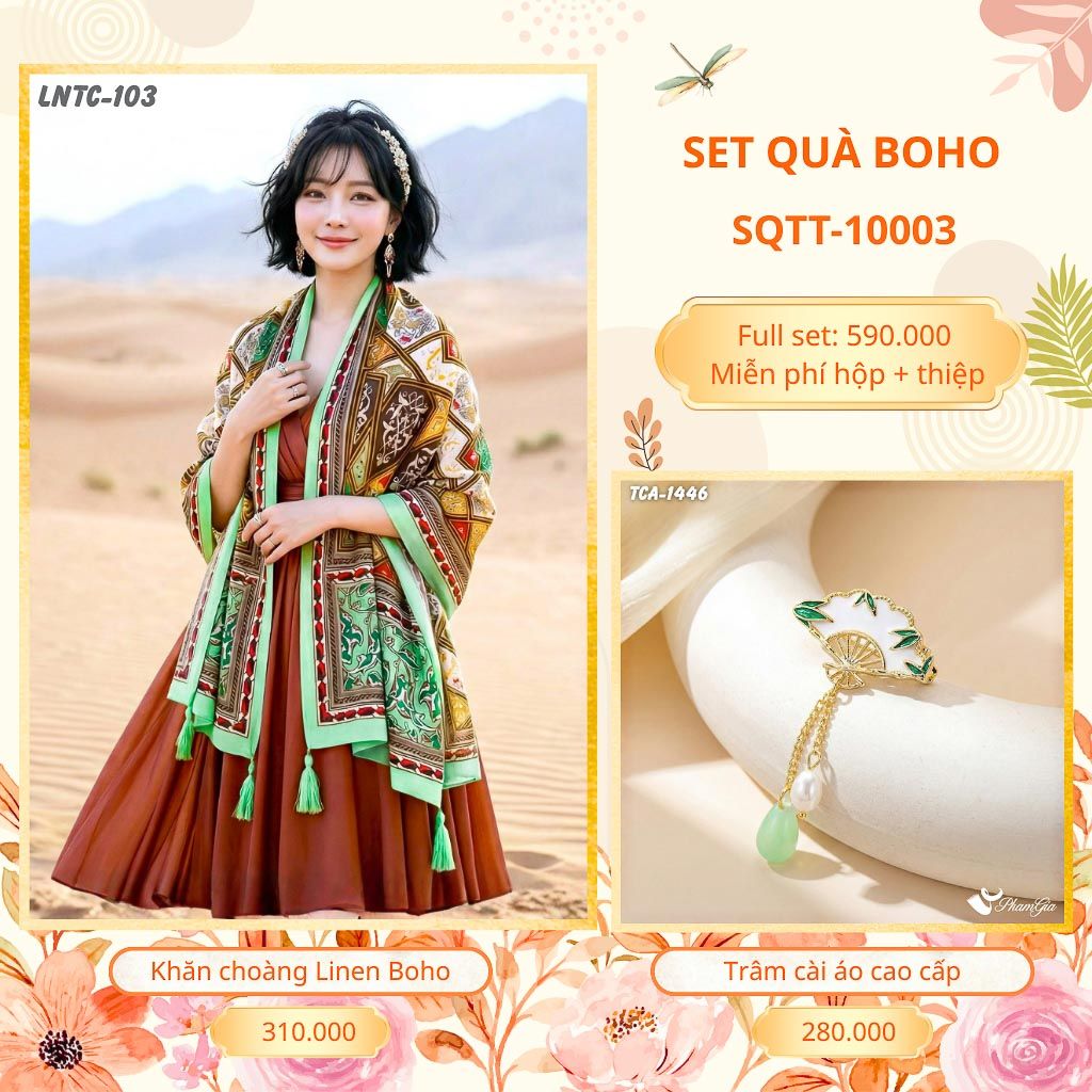 Set Quà Tặng Khăn Choàng Choàng Linen Và Trâm Cài Áo Boho (SQTT10003)