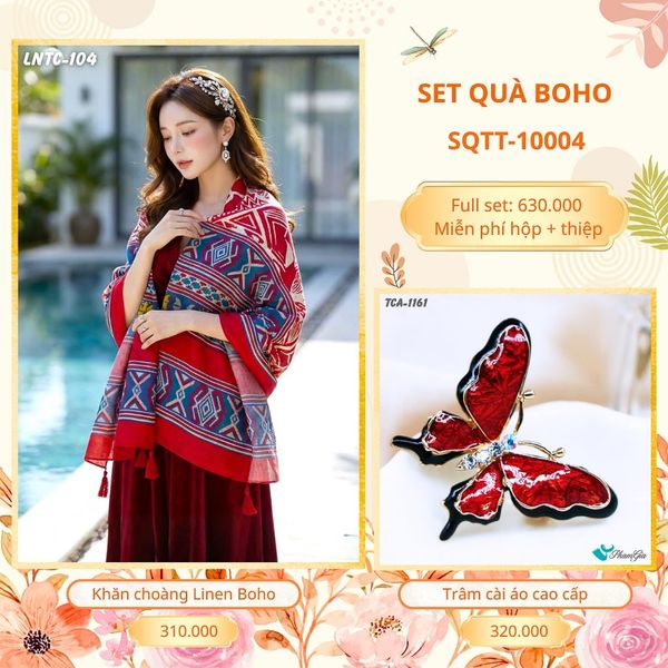 Set Quà Tặng Khăn Choàng Choàng Linen Và Trâm Cài Áo Boho (SQTT10004)