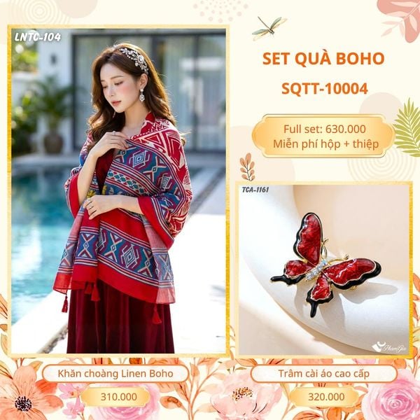 Set Quà Tặng Khăn Choàng Choàng Linen Và Trâm Cài Áo Boho (SQTT10004)