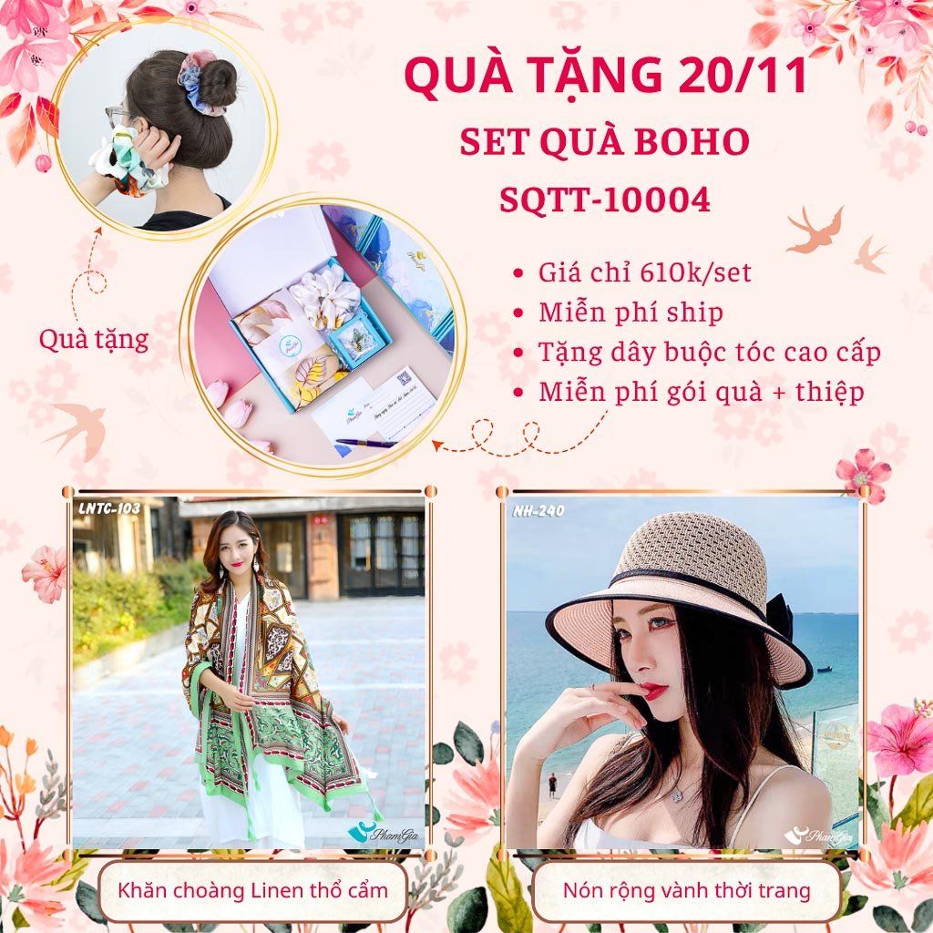 Set Quà Tặng Khăn Choàng Linen Thổ Cẩm Và Nón Rộng Vành Phong Cách Boho (SQTT10004)