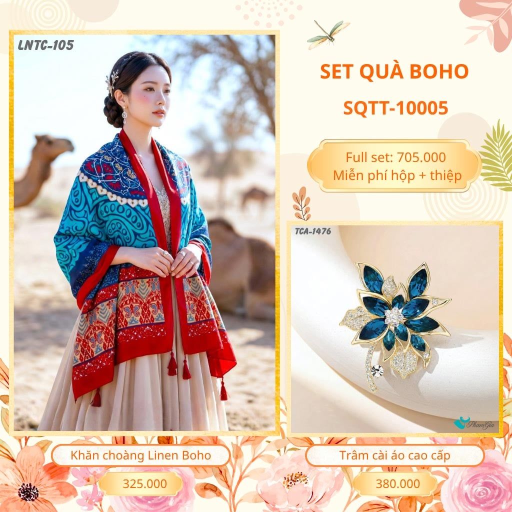 Set Quà Tặng Khăn Choàng Choàng Linen Và Trâm Cài Áo Boho (SQTT10005)