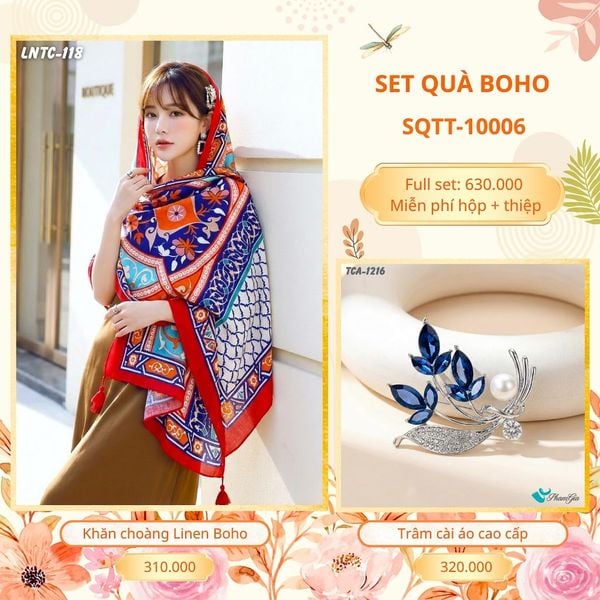 Set Quà Tặng Khăn Choàng Choàng Linen Và Trâm Cài Áo Boho (SQTT10006)