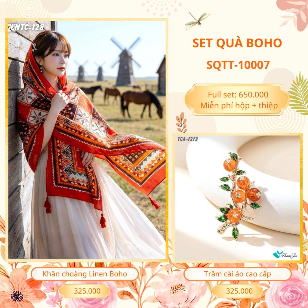 Set Quà Tặng Khăn Choàng Choàng Linen Và Trâm Cài Áo Boho (SQTT10007)