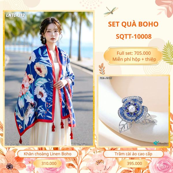 Set Quà Tặng Khăn Choàng Choàng Linen Và Trâm Cài Áo Boho (SQTT10008)