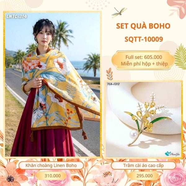 Set Quà Tặng Khăn Choàng Choàng Linen Và Trâm Cài Áo Boho (SQTT10009)
