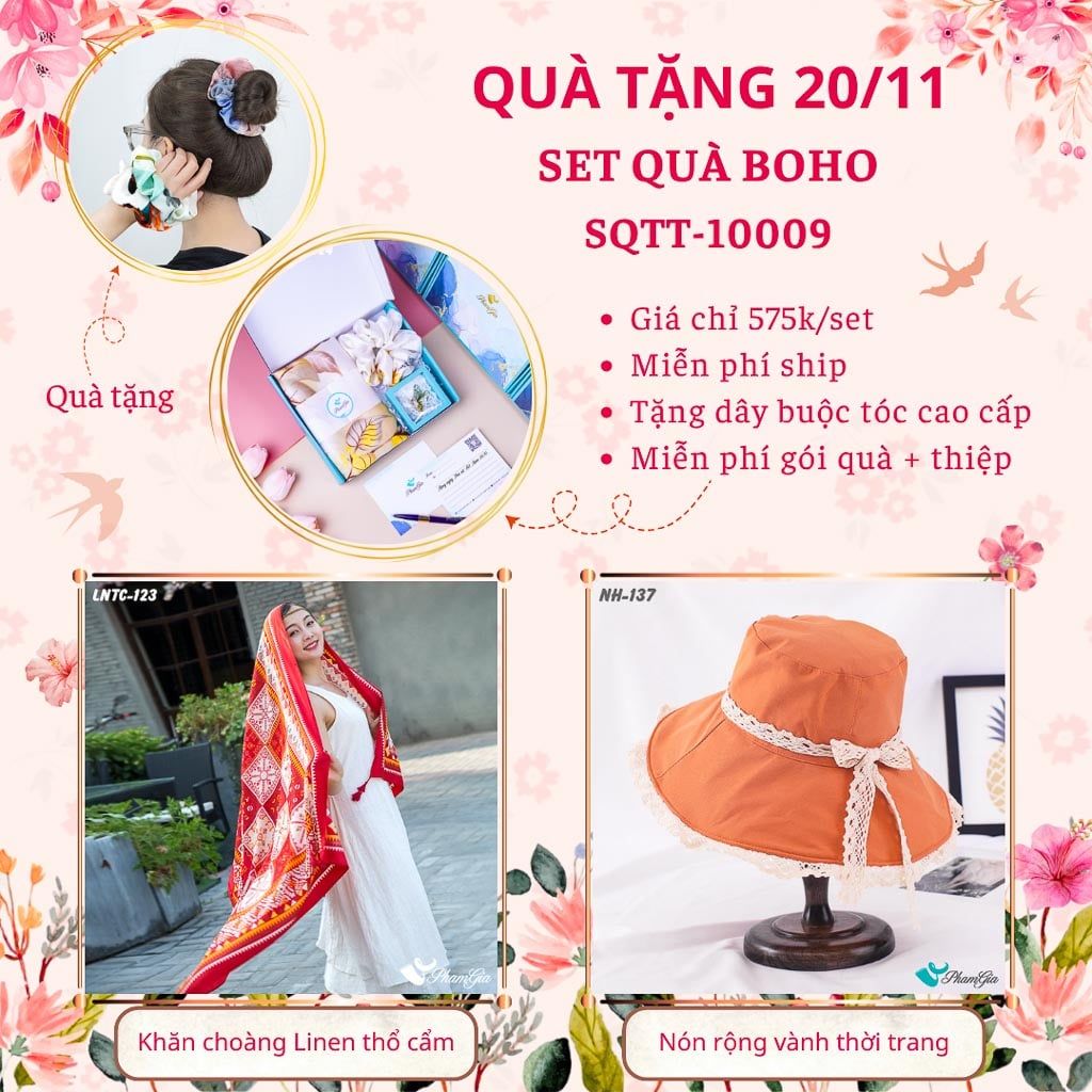 Set Quà Tặng Khăn Choàng Linen Thổ Cẩm Và Nón Rộng Vành Phong Cách Boho (SQTT10009)