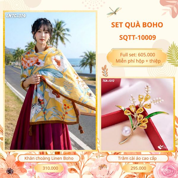 Set Quà Tặng Khăn Choàng Choàng Linen Và Trâm Cài Áo Boho (SQTT10009)