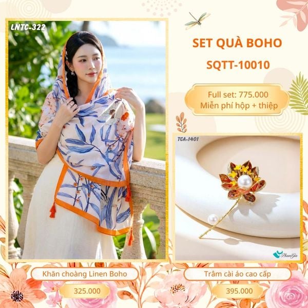 Set Quà Tặng Khăn Choàng Choàng Linen Và Trâm Cài Áo Boho (SQTT10010)