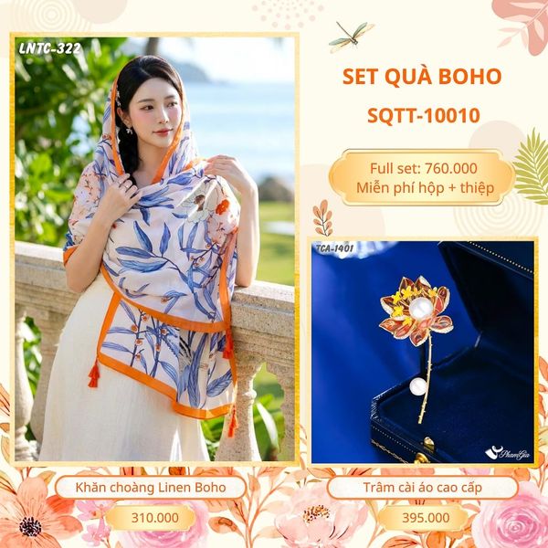 Set Quà Tặng Khăn Choàng Choàng Linen Và Trâm Cài Áo Boho (SQTT10010)