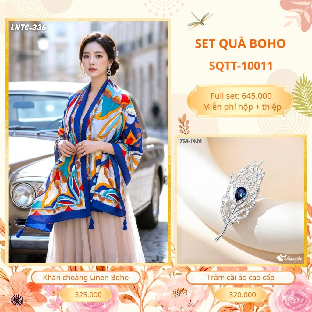 Set Quà Tặng Khăn Choàng Choàng Linen Và Trâm Cài Áo Boho (SQTT10011)