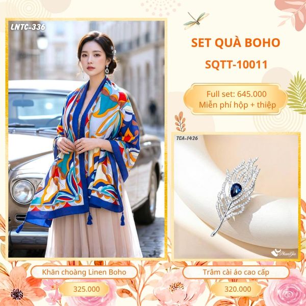 Set Quà Tặng Khăn Choàng Choàng Linen Và Trâm Cài Áo Boho (SQTT10011)